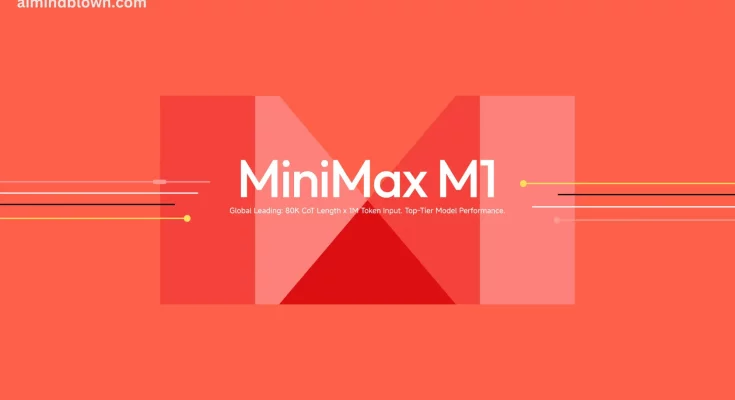 A futuristic graphic showcasing the MiniMax M1 open-source LLM, competing against DeepSeek and US rivals like OpenAI and Google. Keywords: MiniMax M1, Open-Source LLM, DeepSeek, OpenAI, Google, AI, Artificial Intelligence, Large Language Model, Chinese AI, Cost-Effective AI, Lightning Attention.