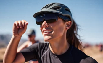 Oakley Meta HSTN smart glasses with Meta AI integration. High-resolution image showcasing the glasses on a person engaged in sports or outdoor activities. Keywords: Oakley, Meta, smart glasses, AI, technology, sports, fitness, augmented reality, hands-free, pre-order.