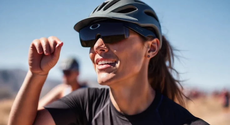 Oakley Meta HSTN smart glasses with Meta AI integration. High-resolution image showcasing the glasses on a person engaged in sports or outdoor activities. Keywords: Oakley, Meta, smart glasses, AI, technology, sports, fitness, augmented reality, hands-free, pre-order.