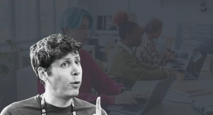 A diverse group of Gen Z workers happily collaborating with AI technologies in a modern office setting, showcasing the positive integration of artificial intelligence in the workforce. The image highlights the synergy between young professionals and AI tools, representing the evolving landscape of entry-level jobs.