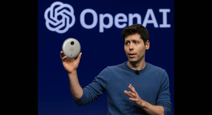 A sleek, futuristic AI device prototype. Soft lighting highlights its unique design, hinting at a blend of technology and elegance. Keywords: OpenAI, AI, Jony Ive, AI device, technology, innovation, futuristic, prototype, design.