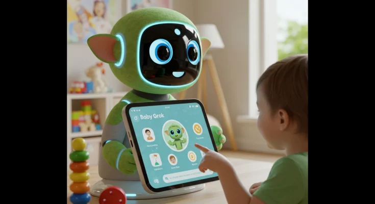 Elon Musk’s Baby Grok: A kid-friendly AI chatbot designed for learning. Features age-appropriate conversations, a safe learning environment, and interactive educational content. Image shows a friendly cartoon robot interacting with children.