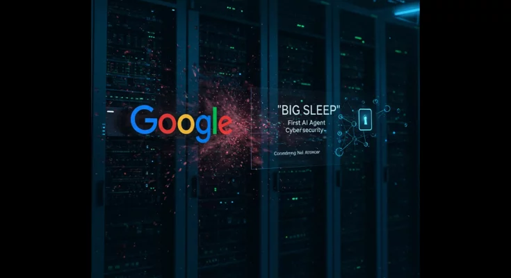 Google's AI, Big Sleep, prevents a zero-day cyberattack before it happens, marking a significant milestone in cybersecurity. Image shows a futuristic AI interface with data streams and security alerts, highlighting proactive threat prevention.