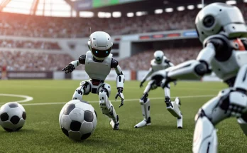 A captivating image depicting the first-ever fully autonomous AI robot football match in China. Clumsy yet endearing robots from Booster Robotics compete in a three-a-side soccer match during the inaugural RoBoLeague competition in Beijing. The image showcases the innovative T1 robots and the electric atmosphere of the event.