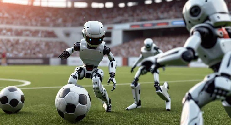 A captivating image depicting the first-ever fully autonomous AI robot football match in China. Clumsy yet endearing robots from Booster Robotics compete in a three-a-side soccer match during the inaugural RoBoLeague competition in Beijing. The image showcases the innovative T1 robots and the electric atmosphere of the event.