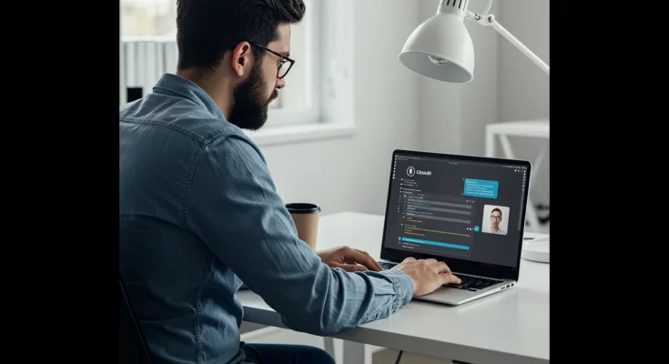 Image of a person using a computer, interacting with Anthropic's Claude AI chatbot, showcasing effective prompt engineering techniques for generating accurate and insightful responses. Keywords: Anthropic, Claude, AI, prompt engineering, chatbot, AI chatbot, accurate responses, effective prompts, artificial intelligence.