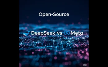 A stylized graphic depicting a futuristic cityscape with elements representing both Chinese and Western technology, symbolizing the merging of AI innovation from both regions. Keywords: China, AI, DeepSeek, Meta, Open Source, Artificial Intelligence, Technology, Innovation, Competition.