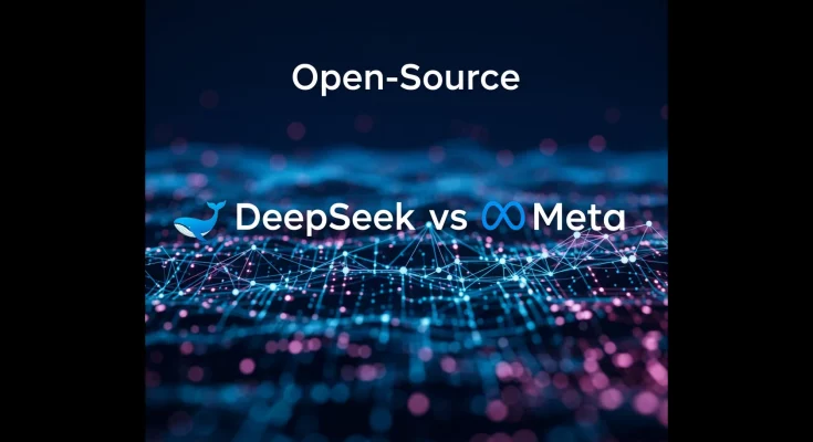 A stylized graphic depicting a futuristic cityscape with elements representing both Chinese and Western technology, symbolizing the merging of AI innovation from both regions. Keywords: China, AI, DeepSeek, Meta, Open Source, Artificial Intelligence, Technology, Innovation, Competition.