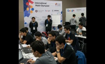 AI achieves gold at the International Math Olympiad. Image shows AI models (Google Gemini Deep Think & OpenAI) with gold medals, celebrating their success in solving complex mathematical problems and surpassing human competitors.