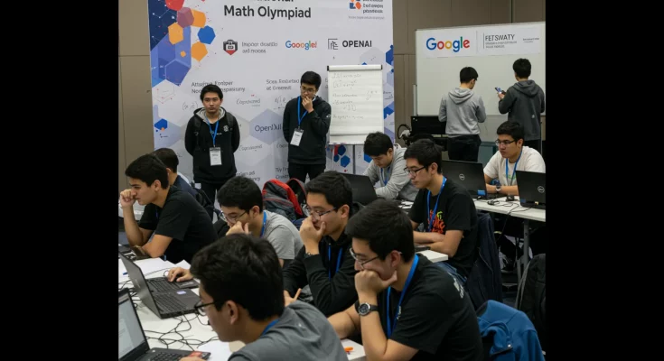 AI achieves gold at the International Math Olympiad. Image shows AI models (Google Gemini Deep Think & OpenAI) with gold medals, celebrating their success in solving complex mathematical problems and surpassing human competitors.