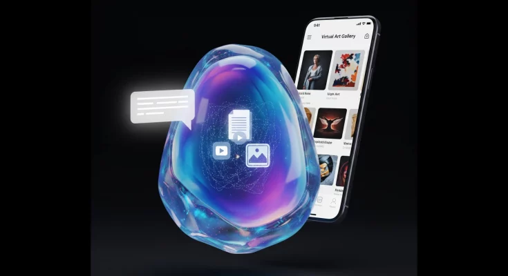 A person using Google Opal, a no-code AI app builder, to create an app with natural language prompts and visual aids. The interface shows a workflow with boxes for inputs, generation steps, and outputs. Google AI, no-code app development, app creation, AI tools, Opal, Gemini 2.5, Veo 3, Imagen 4.