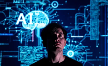 A worried person looking at a glowing screen, symbolizing the psychological impact of AI. Keywords: AI, mental health, technology, psychology, brain, digital wellbeing, cognitive function, artificial intelligence, over-reliance.