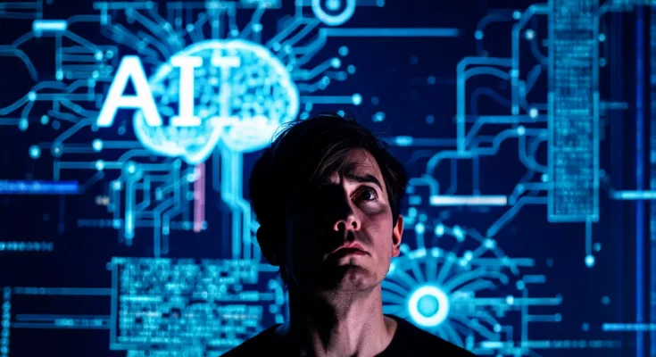 A worried person looking at a glowing screen, symbolizing the psychological impact of AI. Keywords: AI, mental health, technology, psychology, brain, digital wellbeing, cognitive function, artificial intelligence, over-reliance.