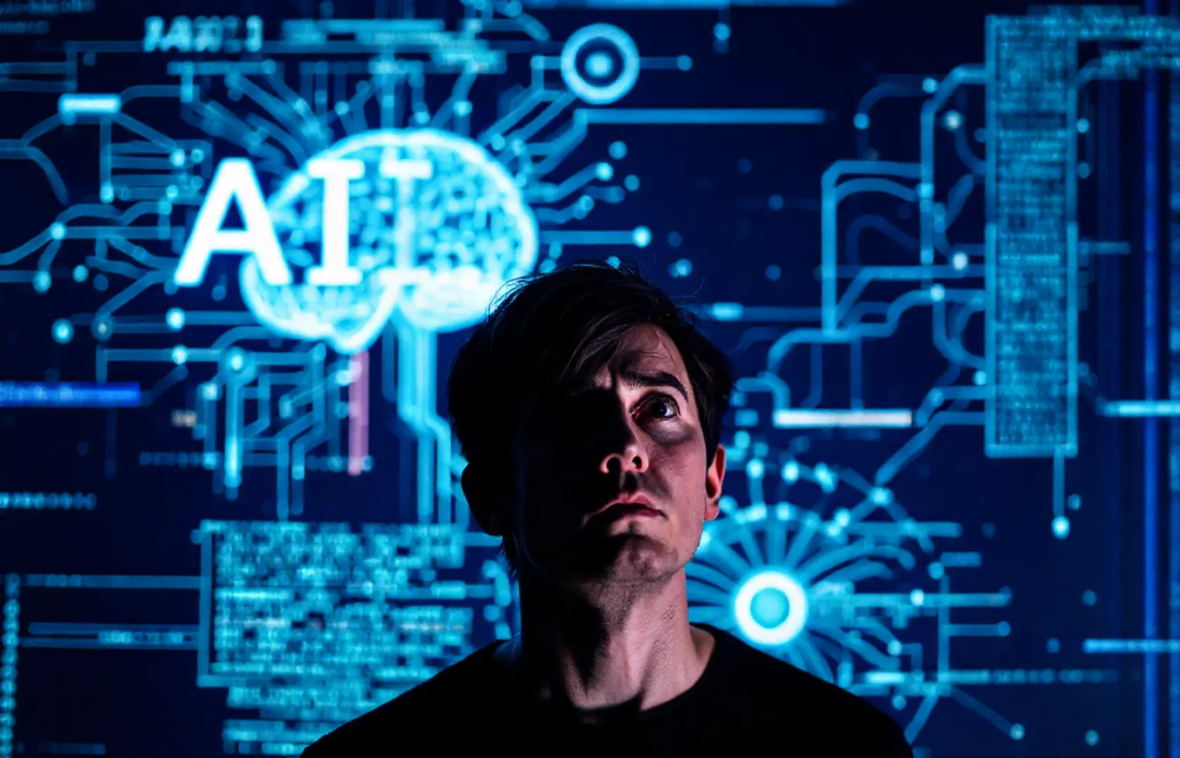 A worried person looking at a glowing screen, symbolizing the psychological impact of AI. Keywords: AI, mental health, technology, psychology, brain, digital wellbeing, cognitive function, artificial intelligence, over-reliance.