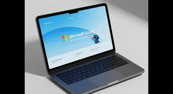 Image of Azure AI Foundry Deep Research automating web research at enterprise scale. Shows a visual representation of AI agents, data flow, and integration with Bing search.