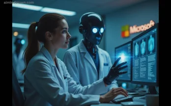 Microsoft's AI, MAI-DxO, outperforms doctors in medical diagnoses with 80% accuracy vs. 20%, offering cost-effective healthcare solutions. Image shows AI interface analyzing medical data.