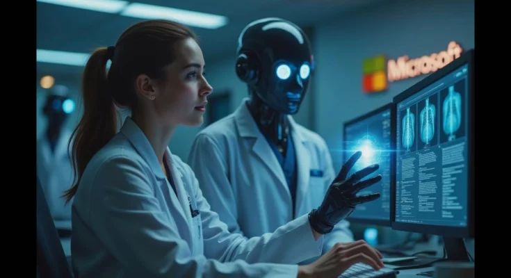 Microsoft's AI, MAI-DxO, outperforms doctors in medical diagnoses with 80% accuracy vs. 20%, offering cost-effective healthcare solutions. Image shows AI interface analyzing medical data.