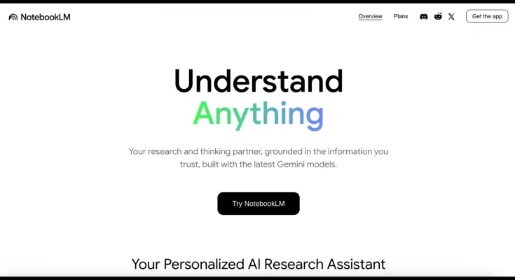 Image of NotebookLM interface showing key features like source panel, chat panel, studio panel, mind map, audio overviews, and study guides. AI-powered note-taking and research assistant for students and professionals.