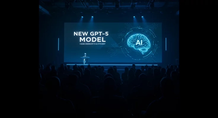 GPT-5 Launch: OpenAI Aims to Reclaim AI Leadership. Futuristic graphic depicting a fast, powerful, and memory-enhanced AI model, competing against other AI models like Google Gemini, Meta, Anthropic Claude, and xAI Grok. Keywords: GPT-5, OpenAI, AI, Artificial Intelligence, Large Language Model, LLM, Coding, Memory, Performance, Competition, Google Gemini, Meta, Anthropic Claude, xAI Grok, ChatGPT, Technology, Innovation.
