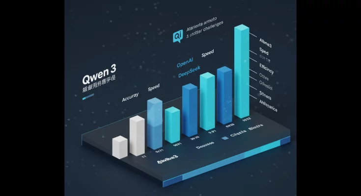 Alibaba's Qwen3 AI model outperforms OpenAI and DeepSeek in math and coding benchmarks. Image shows a futuristic graphic representing advanced AI capabilities, highlighting speed, accuracy, and problem-solving.