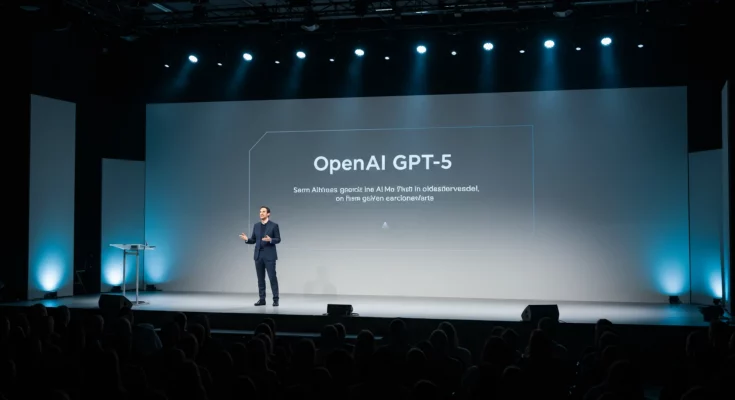 Image of GPT-5 interface showcasing its new features, including improved speed, accuracy, and enhanced contextual understanding. Keywords: GPT-5, OpenAI, AI, language model, artificial intelligence, ChatGPT, Sam Altman, API, coding, health, technology.