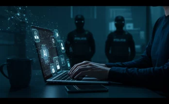 A stylized image depicting a conversation between a user and ChatGPT, with a blurred police badge subtly in the background. Keywords: ChatGPT, law enforcement, AI, safety, privacy, security, online safety, technology, police, digital security, data privacy, AI ethics.