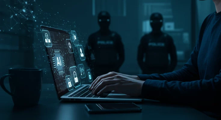 A stylized image depicting a conversation between a user and ChatGPT, with a blurred police badge subtly in the background. Keywords: ChatGPT, law enforcement, AI, safety, privacy, security, online safety, technology, police, digital security, data privacy, AI ethics.