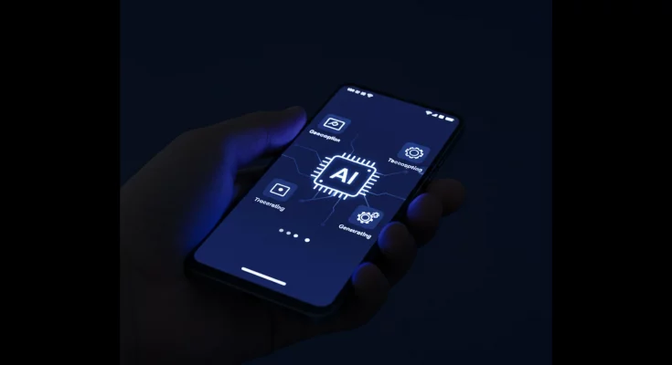 Image of a smartphone displaying an AI model running offline, showcasing icons for image recognition, natural language processing, and generative functions. Keywords: Google AI, Offline AI, Edge Computing, Smartphone AI, AI Edge Gallery, Mobile AI, On-device AI, Tensor Processor, AI Model.