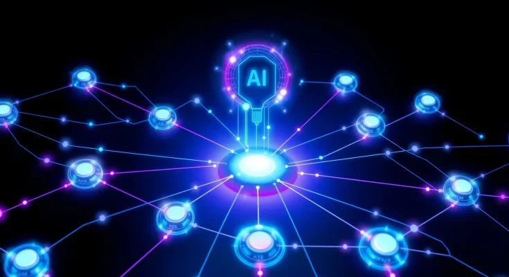 Abstract digital illustration showing interconnected AI entities and glowing networks, symbolizing strategic partnerships and competition among tech giants like OpenAI, Amazon, Microsoft, and Anthropic in the 2025 AI landscape.