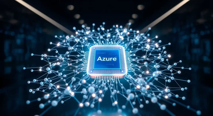 Professional visualization of Microsoft’s AI ecosystem featuring custom silicon chips and digital neural networks.