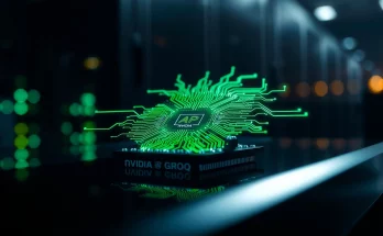 High-tech AI microchip with glowing green circuitry representing Nvidia and Groq inference hardware technology.