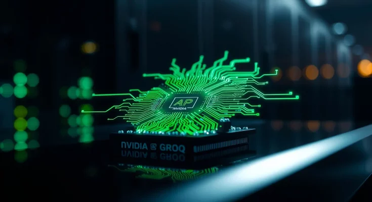 High-tech AI microchip with glowing green circuitry representing Nvidia and Groq inference hardware technology.