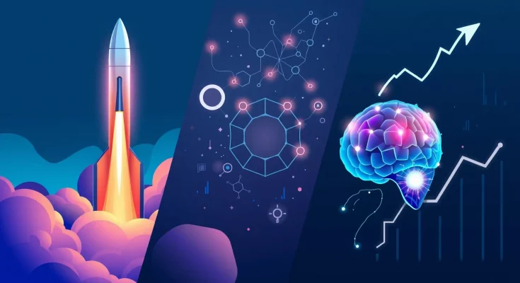 Digital illustration of 2026 IPOs featuring SpaceX rocket launch and AI technology symbols for OpenAI and Anthropic