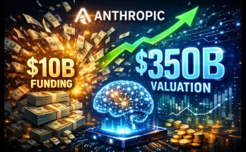 Anthropic's Claude AI logo glowing amidst financial growth charts and healthcare DNA strands symbolizing $10B funding