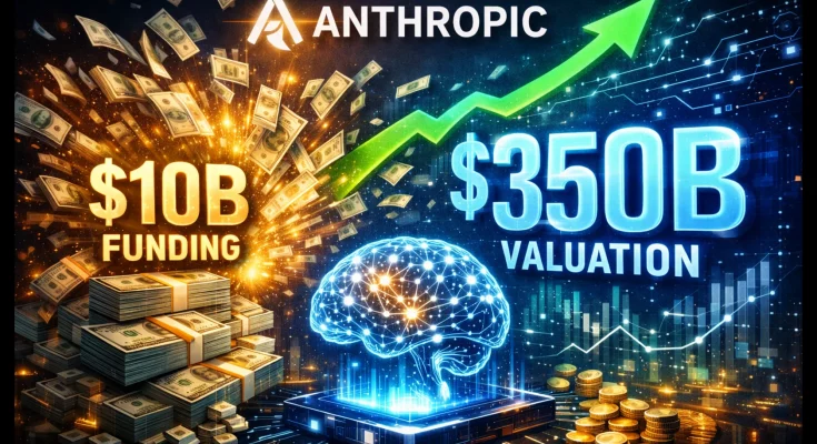 Anthropic's Claude AI logo glowing amidst financial growth charts and healthcare DNA strands symbolizing $10B funding
