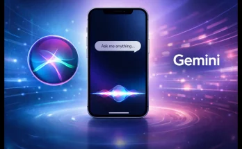 Apple's new Gemini-powered Siri assistant visualized on an iPhone, representing advanced AI integration and privacy features.