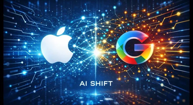 Apple iPhone with Google Gemini AI neural network visual representation showing strategic AI partnership integration
