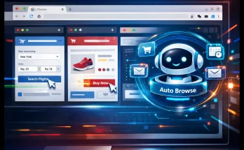 Chrome browser with AI Auto Browse agent performing automated web navigation and task execution powered by Gemini