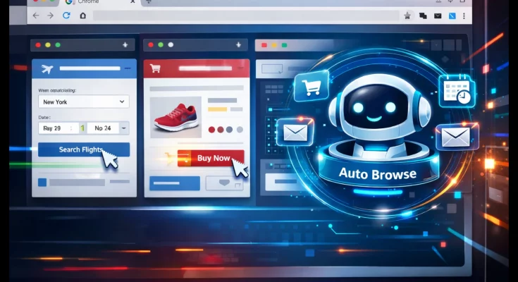 Chrome browser with AI Auto Browse agent performing automated web navigation and task execution powered by Gemini