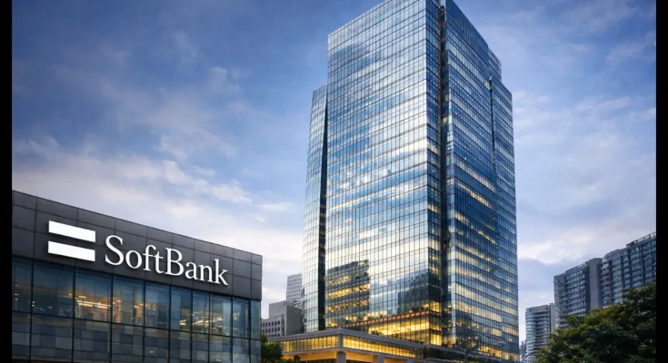 Modern digital illustration of SoftBank investing billions into OpenAI's AI infrastructure and future superintelligence