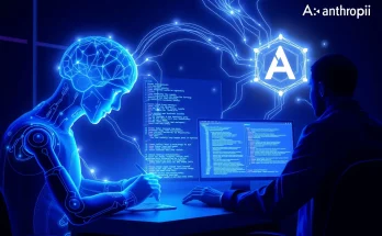 AI writing code autonomously with digital interfaces showing software automation development process