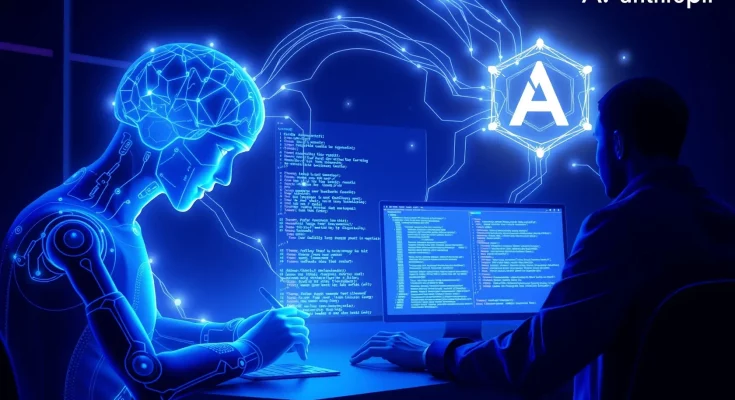 AI writing code autonomously with digital interfaces showing software automation development process
