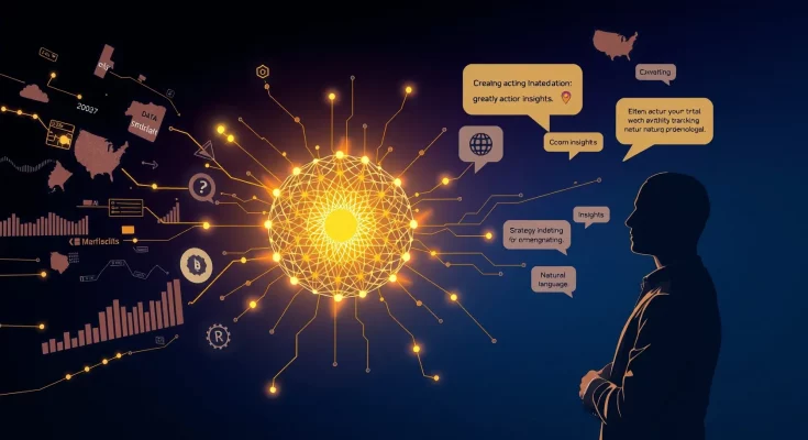 Conceptual illustration of Athena AI agent for marketing by Zeta Global and OpenAI, showing data processing and conversational insights