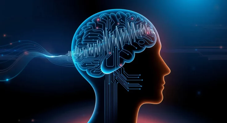 Futuristic concept of brain-computer interface merging human neurons with digital AI technology
