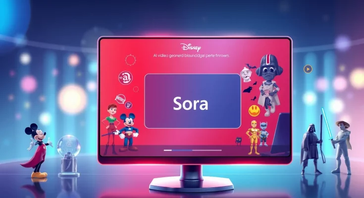 AI video generation platform displaying Disney characters like Mickey, Marvel, and Pixar in innovative content creation