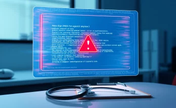 Digital AI health summary interface with warning symbols, overlaid on blurred medical equipment, highlighting risks of misinformation.