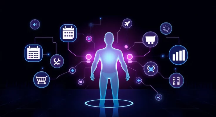 Meta AI agents concept showing autonomous task automation and digital workforce with holographic icons.