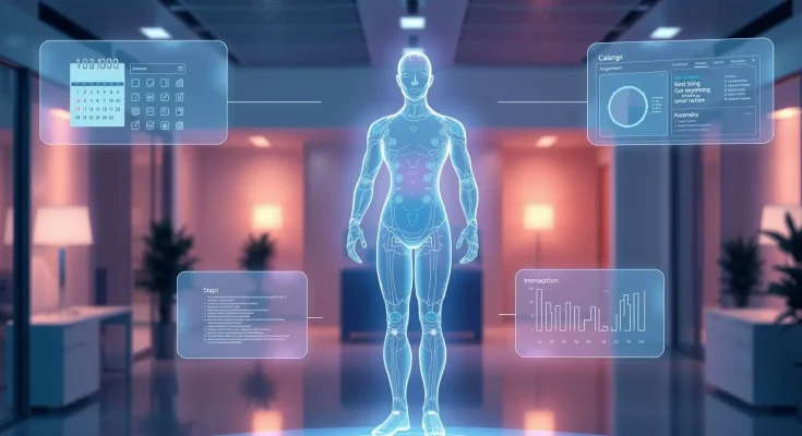 Professional visualization of an autonomous AI agent performing tasks with holographic digital interfaces and data panels.