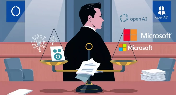 Conceptual illustration of Elon Musk's $134 billion legal dispute with OpenAI and Microsoft over AI ethics and corporate control