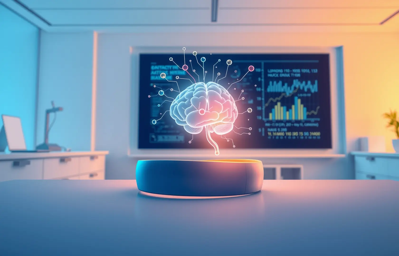 Concept of non-invasive brain-computer interface with wearable tech and digital brain representation.